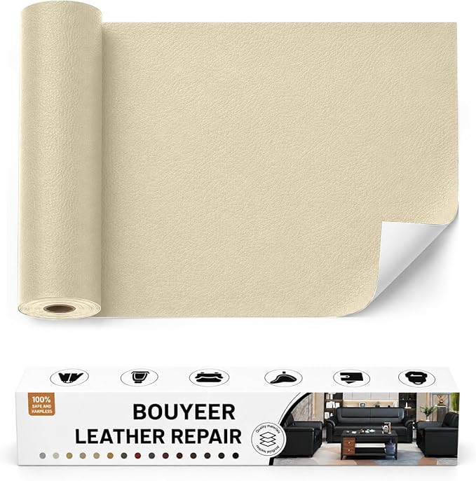 BOUYEER Leather Repair Patch Tape Kit,Self Adhesive Leather Repair for Sofa，Car Seat,Office Chair,Furniture,Jacket,Waterproof Strong Adhesive Vinyl Repair Kit. 16 in x 31 in,Beige