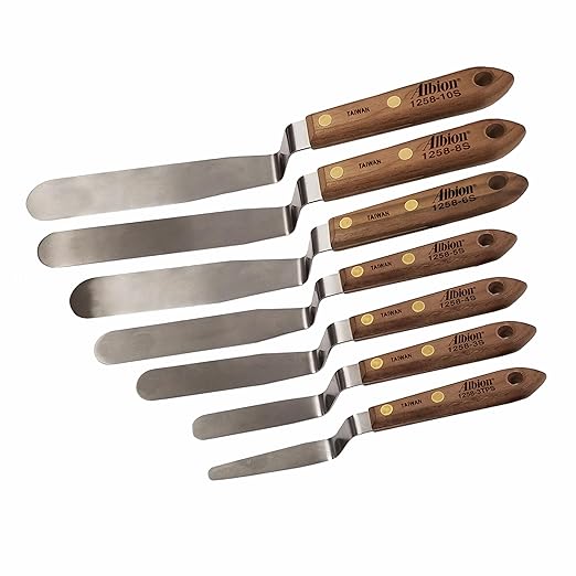 Albion Engineering 1258-G01 7-Piece Classic Offset Caulk Tooling Spatula Set, Stainless Steel with Hardwood Handle