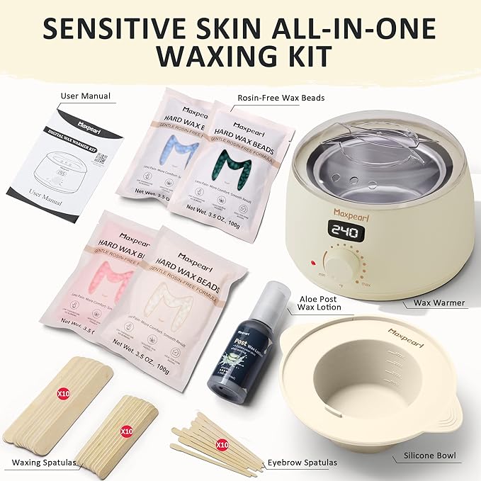 Maxpearl Rosin-Free Waxing Kit for Women Men - Sensitive Skin Friendly, Digital Wax Warmer with Silicone Pot, At Home Hair Removal Kit for Eyebrows, Brazilian, Underarms, Bikini & Full Body