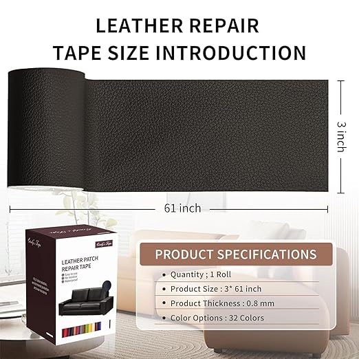 Leather Repair Patch Tape, Coffee 3 x 61 Inches Self Adhesive Leather Repair Kit for Furniture, Car Seat,Vinyl Leather Repair Kit for Office Chairs, Couch, Sofa, Luggage