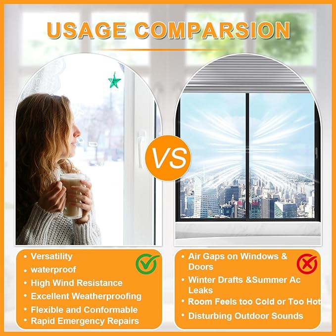 Qoqooice Window Weather Sealing Tape 2 Inch x 90 FT Weather Stripping Residue-Free Window Seal Insulation Tape for Doors Windows and Shower Glass Gaps White