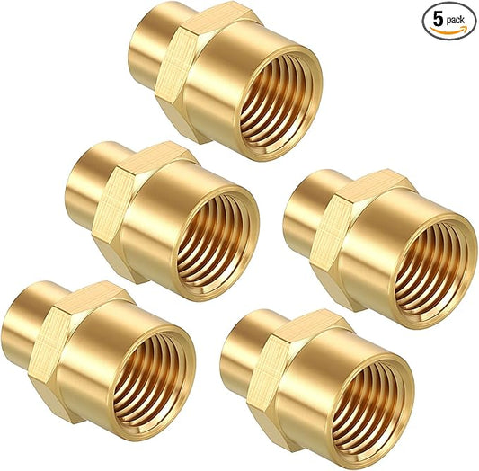 Pack of 5, 1/4" FeMale NPT to 1/8" FeMale NPT Solid Brass Pipe Fitting Coupler, Brass Coupling Hose Fittings Adapter for Pipe Leak Repair, Bathroom Remodeling, Tool Extensions