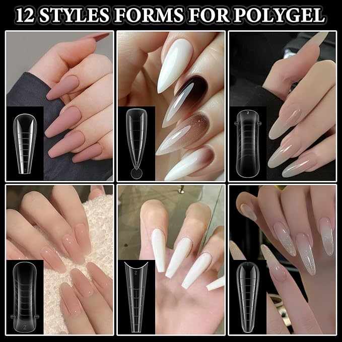 SUTOKAKA 288Pcs Polygel Nail Form Kit 12 Style 12 Sizes Reusable Nail Extension Mold Dual Forms with 6Pcs Nail Clips, Nail Slip Solution, Brush Pen, Nail File & Cuticle Pusher for Beginners