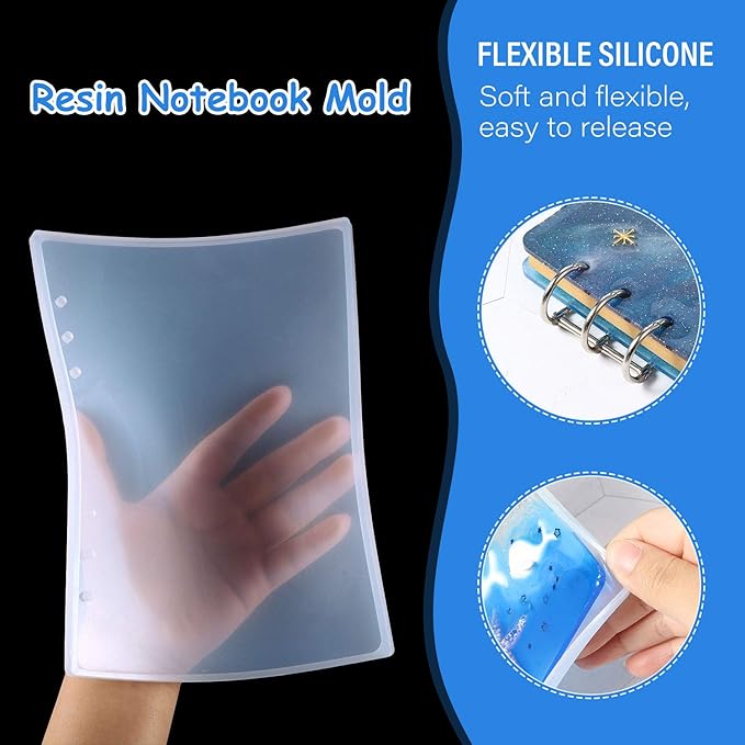 WILLBOND 26 Pcs Resin Notebook Mold Kits Cover Silicone Molds for A5 A6 A7 Silicone Resin Molds for Notebook Epoxy Resin DIY with Book Rings Spoon Tweezer Cup Dropper Wood Stick