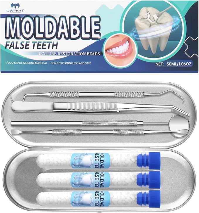 Tooth Repair Kit, Moldable False Teeth, Tooth Replacement Missing Teeth, Teeth Filling Kit Permanent with 4 Dental Tool, Tooth Repair Kit for Broken Teeth, Temporary Tooth Filling Kit, Moldable Teeth