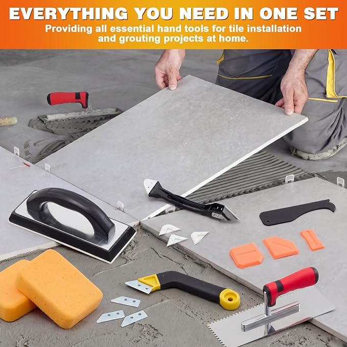 23 Pcs Tile & Grout Tool Sets, Silicone Caulking Remover Tools Stainless Steel Notch Trowel Molded Rubber Grout Float 6 Sponge Angled Tile Saw with 3 Blades for Floor Wall Installation