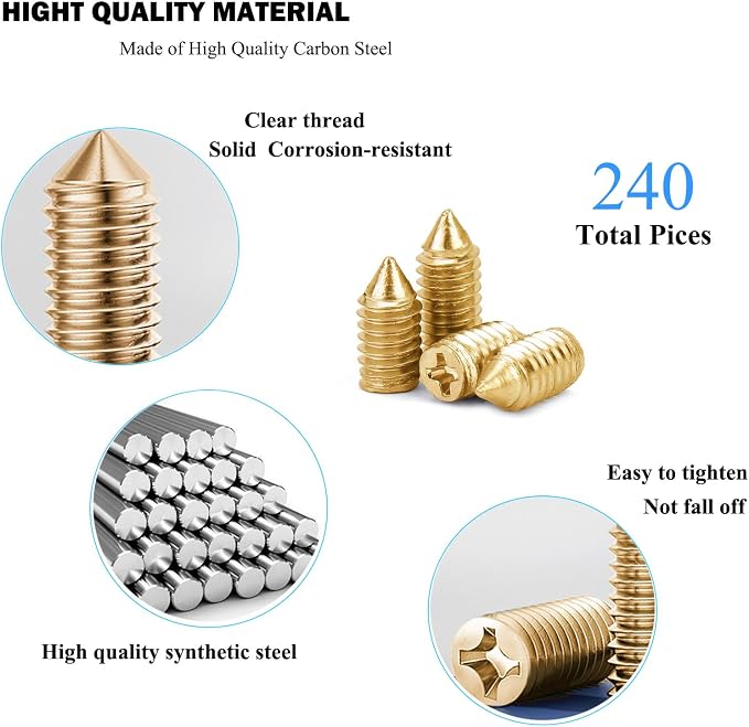 240 pcs Nickel Plated Tip Screws Pointed Cross Slot Leather Accessories 12 Sizes Belt Screws Include M2*3-M2*6, M2.5 * 3-M2.5 * 8, M3*3-M3*8 with 2mm Screwdriver for Belt Buckle Wallet Handbag Gold