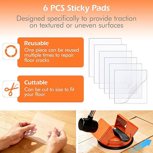 Floor Gap Fixer Tool with 45° Striking Surface, Heavy Duty Floor Gap Repair Tool, Enhanced Vacuum Suction Cup Complete Laminate & Vinyl Flooring Repair Kit with 6 Reusable Sticky Pads and Slot Cutter