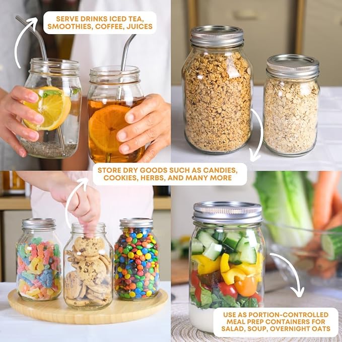 FastRack 16 oz Regular Mouth Mason Jars (Pack of 6) with Airtight Metal Lids | Pint Glass Canning Jars for Food Storage, Fermentation & Pickling | Clear Glass Canisters