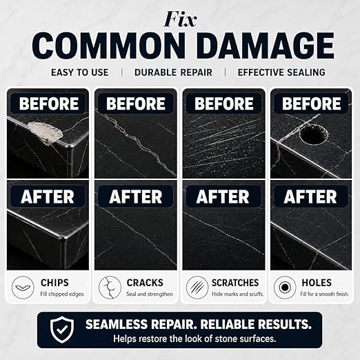Black Quartz Countertop Repair Kit, Professional Tile, Marble and Granite Repair Kit for Edge Chips, Cracks, Scratches and Holes on Quartz, Marble, Porcelain and Other Stone Surfaces