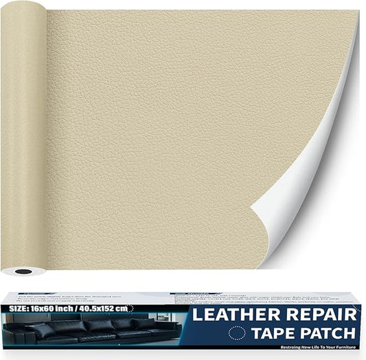 Zenyao Leather Repair Patch Tape - Self Adhesive Leather Repair Kit for Car Seat Furniture, Heavy Duty Vinyl Repair Patch for Couch Sofa, Waterproof Fix for Tears, 16x60 Inch Roll, Off White