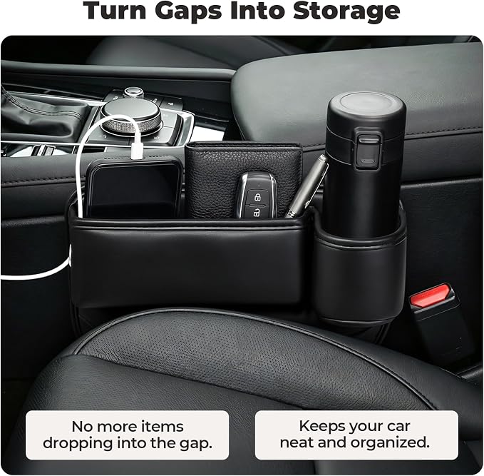 Universal Fit Car Seat Gap Filler Organizer, Premium Leather Console Organizer with Cup Holder, Easy Access to Phone Keys Glasses Wallet, Gifts for Car SUV Truck Owners, Black, 2 Pack