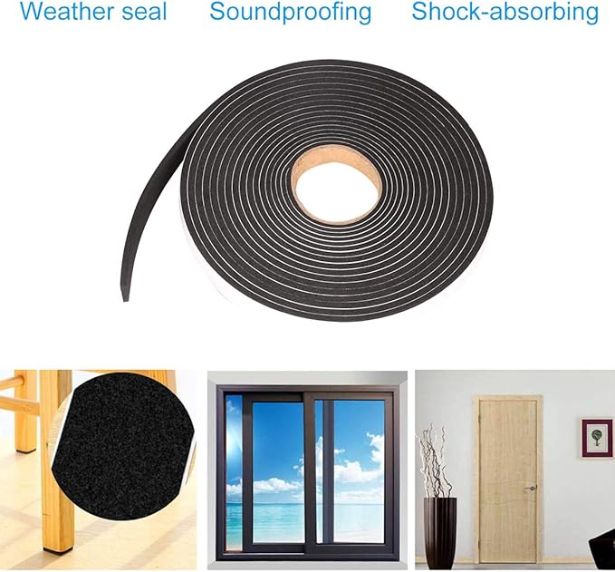 Seal Foam Tape,1/2 Inch W x 1/8 Inch T Weather Stripping for Door and Window,High Density Single Sided Closed Cell Door Insulation Weather Strip, 6 Rolls Total 98FT Black