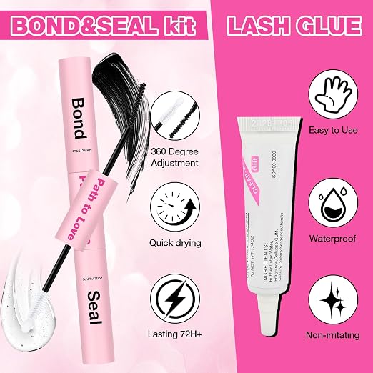 Professional Lash Cluster Glue Kit - 150H Strong Hold Bond & Seal Waterproof Eyelash Glue,Long-Lasting Adhesive for DIY Cluster Lashes,Home Use,Beginners & Pros(Black,2-Pack (5ml+5ml+0.24oz)