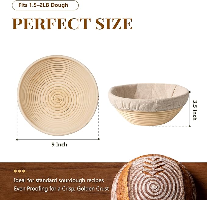 2 Pack Banneton Bread Proofing Baskets for Sourdough, 9 Inch Round Natural Rattan Proofing Basket for Dough Rising, Bread Proofing Bowl Sourdough Bread Baking Supplies for Home Bakers