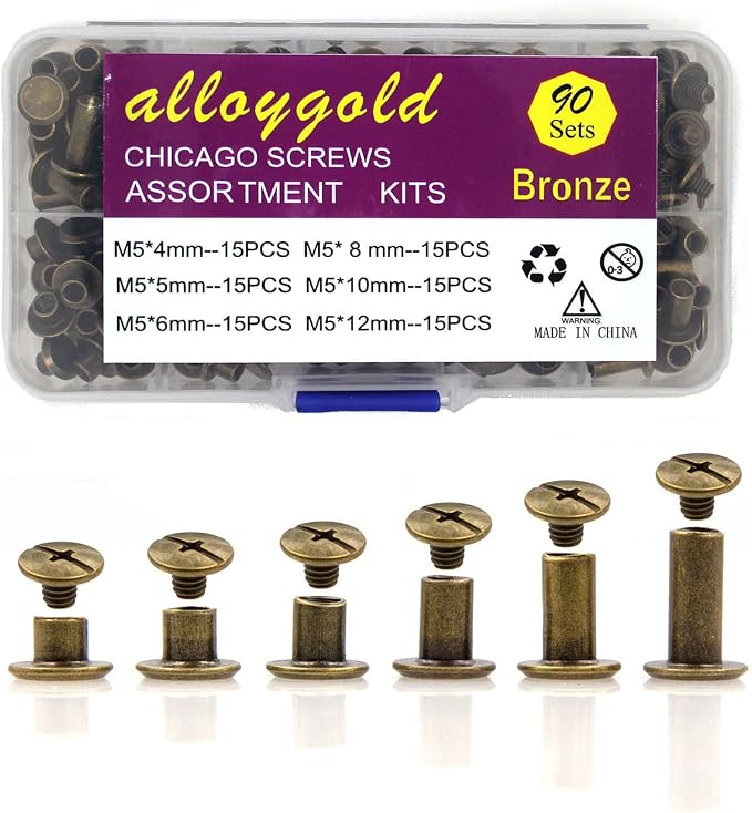 Bronze Chicago Screws Leather Kit, 90 Sets, 6 Sizes (M5 X 4-12) | Screw Rivets, DIY Leather Craft, Bookbinding, Assorted Kit