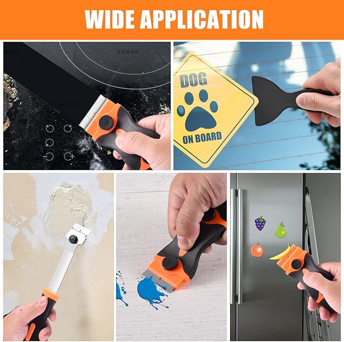 NECAMOCU 4 Pack Razor Blade Scraper, Premium Cleaning Scraper Tool with 50 PCS Metal & Plastic Razor Blades, Multi-Purpose Glass Scraper for Windows, Sticker, Decals, Cooktop, Paint Removal (Orange)