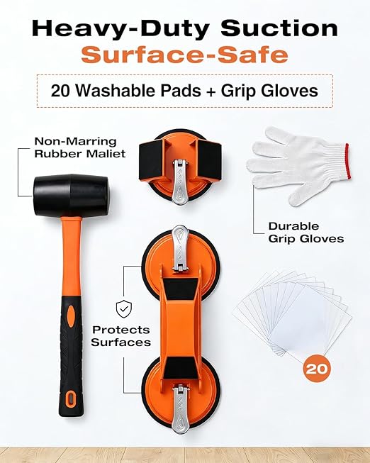 Saker Floor Gap Fixer Tool Kit with Mallet, 20PCS Washable Pads & Gloves, Suction Cup Tool for Laminate Floor Gap Repair, Vinyl Plank & Wood Floors (2 Type Suction Cups+Rubber Mallet)