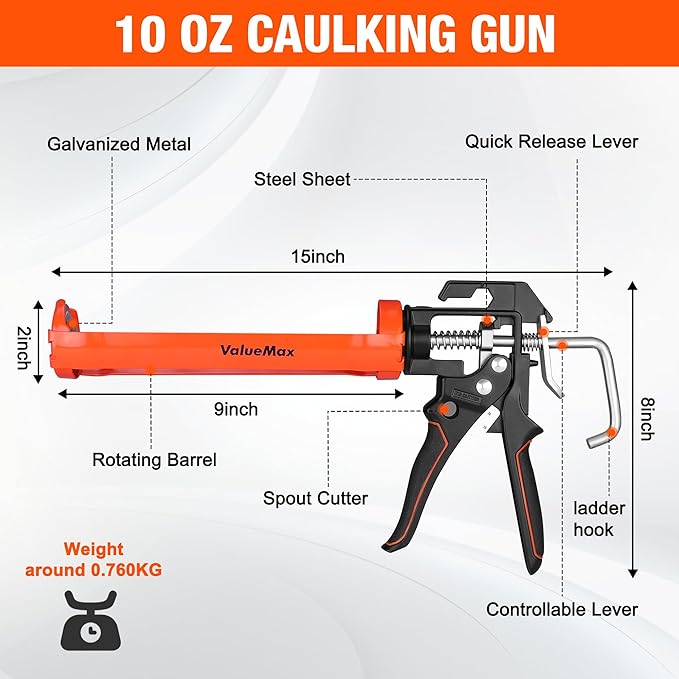 ValueMax 6Pcs Caulk Tool Kits, Caulk Gun and Caulk Scraper Kit, 10 OZ Silicone Caulking Gun, 3 in 1 Sealant Finishing Grout Scraper for Bathroom Kitchen Sink Joint, All in One Caulking Tools