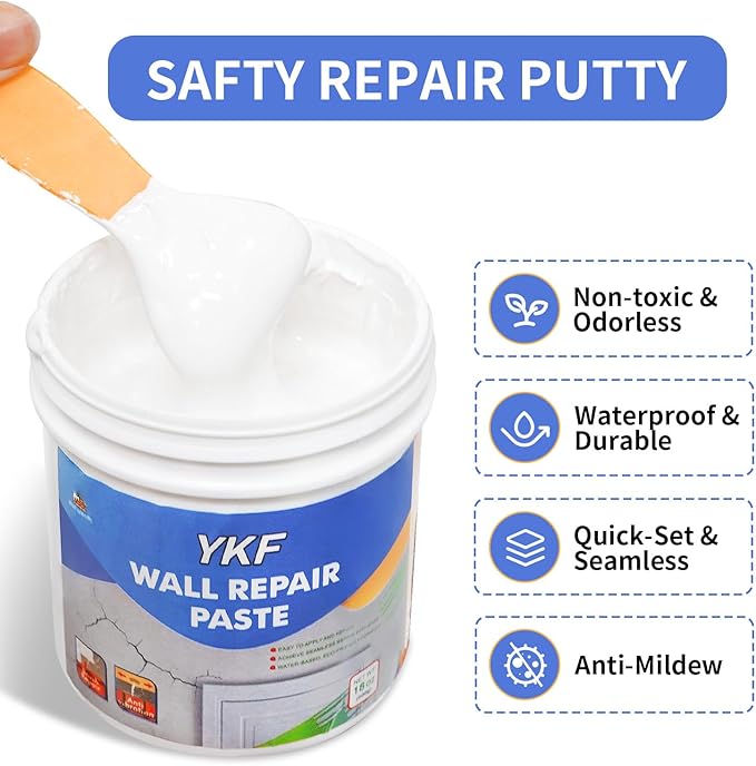 YKF Drywall Repair Kit (18 oz) - Spackle Paste with Scraper & 2X Self-Adhesive Patches (4") - Quick Dry, Waterproof Mending Agent for Large Holes, Plaster (White)