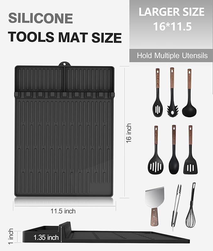 Silicone Grill Mat Compatible with Blackstone, BBQ Griddle Tools Mat with Drip Pad, Large Spatula Holder for Outdoor Kitchen Counter, Gifts for Men (Black)