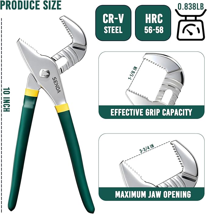 SENDA 10-Inch Groove Joint Pliers, 6 Jaw Positions Adjustable Tongue and Groove Water Pump Pliers, Premium CRV Steel Heavy Duty Tool for Plumbing, Home & Industrial Repair