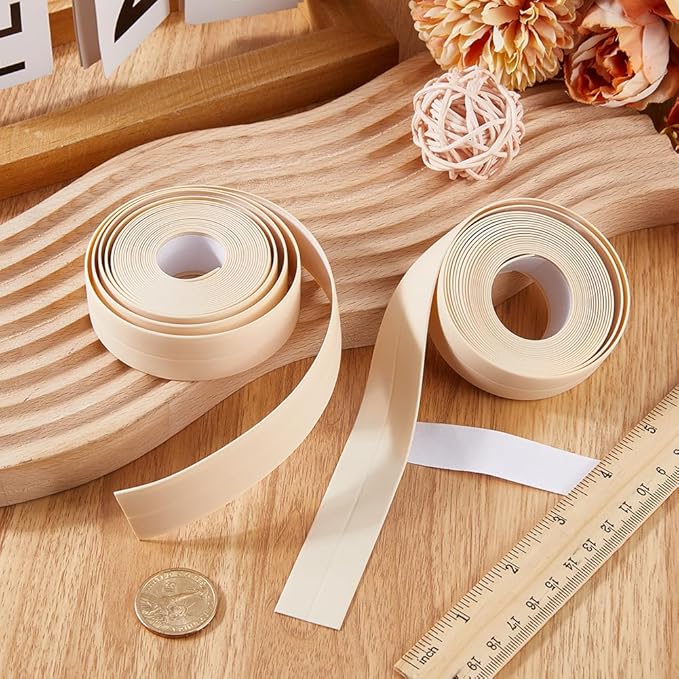 CRASPIRE 2 Rolls 10.5 Feet Bathtub Sealing Strip Waterproof Sealant Tape Beige PVC Stain Proof Self Adhesive Bathroom Toilet Edge Protector Caulking Replacements Strips for Kitchen Bath Floor Caulk