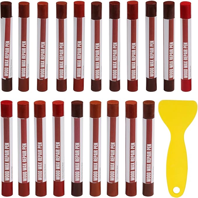 Wood Filler Sticks, 20 Colors Wood Repair Wax Crayons with Scraper, Wood Touch Up Markers for Repairing Scratches, Cracks, Holes in Cabinets, Floors, Tables and Doors[Red Series]