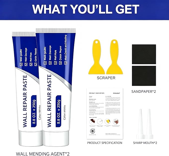 Drywall Repair Kit with Scraper, 2026 Upgrade Wall Repair Paste for Holes & Cracks, Professional Drywall Patch Paste & Wall Repair Ointment for DIY Home Improvement (2 PCS, White)