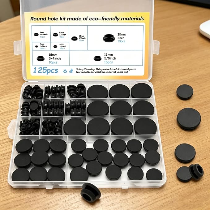125Pcs Black Rubber Plug Box, Various Sizes of Round Hole Silicone Tool, Rubber Plugs for Round Holes, Silicone Plugs Suitable for Car Wiring Furniture