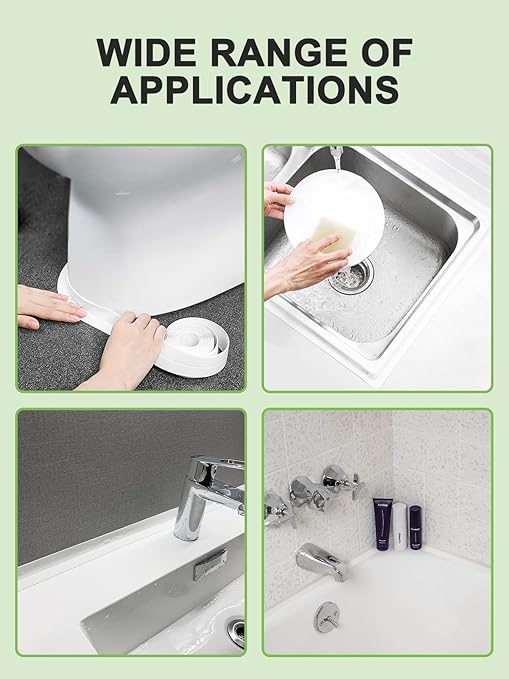 Caulk Tape - PVC Self Adhesive Tub Caulking Sealing Tape for Bathrooms Kitchen Countertops Toilets Kitchen Sinks Bathtub Floors and Toilet Walls etc 1-1/2" x 11' White