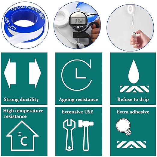 Teflon Plumbers Tape 5 Rolls 1/2 Inch(W) X 520 Inches(L),Pipe Sealing & Plumbing Thread Tape,PTFE Water Sealant Seal for Shower Head