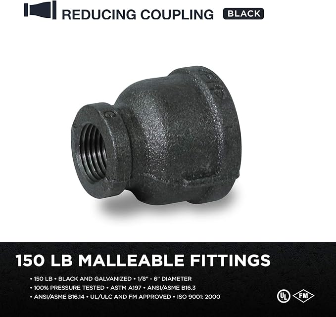 Supply Giant CNSD3365 1-1/4 X 1" Black Malleable Iron Reducing Coupling