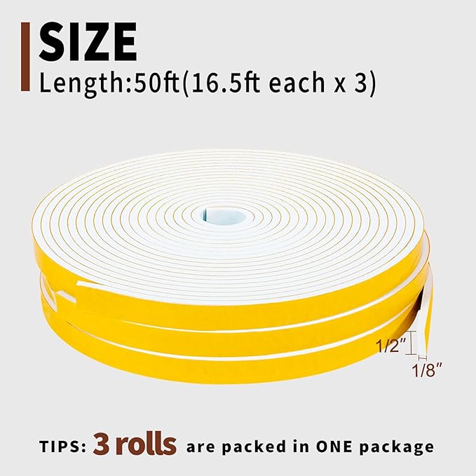 Yotache White Windows Doors Insulation Seal Tape 3 Rolls 1/2" x1/8", Adhesive Foam Gasket for Weather Stripping, Cabinet Door Frame, Total 50 Feet Long (3 X 16.5 Ft Each)