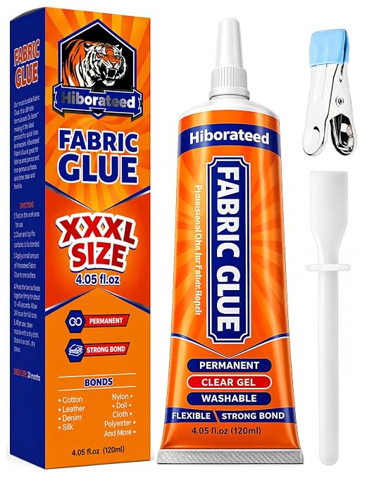 120 ML Fabric Glue Permanent for Clothing Repair, Washable, Dry Clear | no-sew fabric repair kits include craper & clamp for Patch, Clothes, Sewing, Denim, Leather, Polyester, Flannel, Cotton