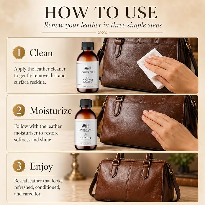 Leather Cleaner & Moisturizer Set For Coach, Gently Cleans Leather Handbags, Restores Shine, Softens, Remove Stains & Light Scratches, Safe for Premium Bags, 125ml, 2 Pack