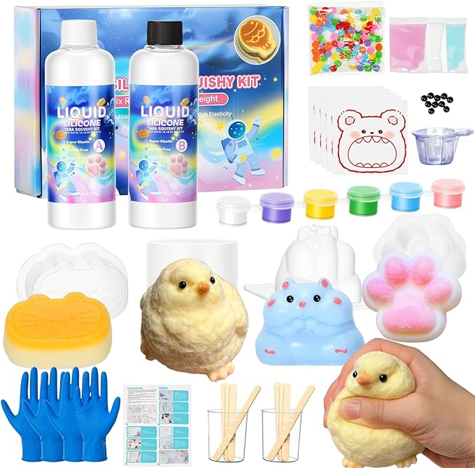 Taba Squishy Maker Kit – DIY Squishy Craft Kit, Silicone Mold Making Set with 18oz AB Silicone Gel, Giant Chick/Paw/Hamster/Cat Molds, Flocking Powder – Stress Relief Craft Gift for Adult