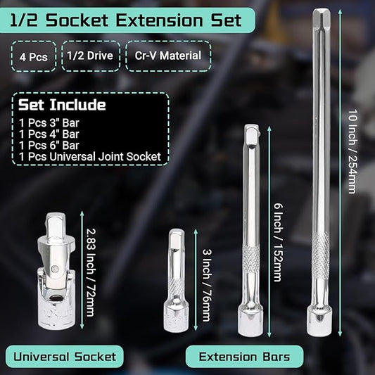 4 Pcs 1/2 Inch Socket Extension Set, CR-V Ratchet Extension Set Include 3, 6, 10 Inch Bars and 1/2" Universal Joint Socket for Ratchets and Torque Wrenches, Ideal for Repair, DIY
