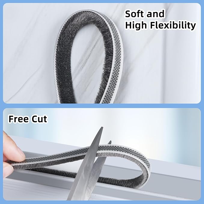 Brush Weather Stripping 0.6in(T) x 0.4in(W) x 33FT Grey Door Seal Strip for Door Frame, Sliding Glass Door Draft Stopper Window Soundproofing Bristle Door Sweep Weatherstripping