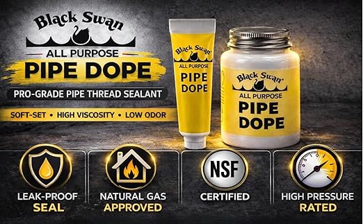 Black Swan All Purpose Pipe Dope, Pro-Grade Pipe Thread Sealant, Soft-Set, High Viscosity, Low Odor, for All Piping Types with Bottle Brush Cap, Yellow, 1/2 Pint