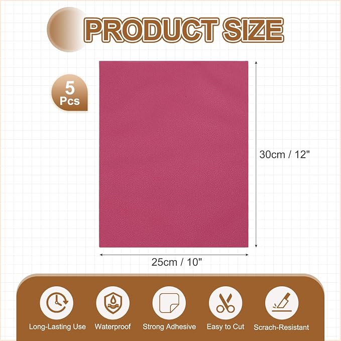 MECCANIXITY 5 Pcs Leather Repair Patch 10"x12" Self-Adhesive Leather Vinyl Repair Tape Kit for Furniture Couches Sofa Chair Car Boat Seats Jackets, Rose Red