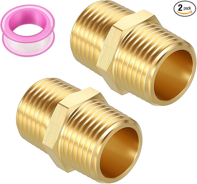 Pack of 2, 1/2" MNPT to 1/2" MNPT Solid Brass Hex Nipple Hose Connectors W/Sealing Tape, Male Pipe Adapter for Pipe Leak Repair, Bathroom Remodeling, Tool Extensions, Compression