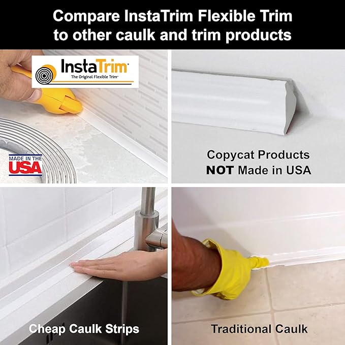 InstaTrim New & Improved Self-Adhesive Caulk Trim, 1/2" x 10', 2-Pack, Flexible, Water Resistant, Stain Resistant for Bathroom, Floors, Walls, DIY Project, White