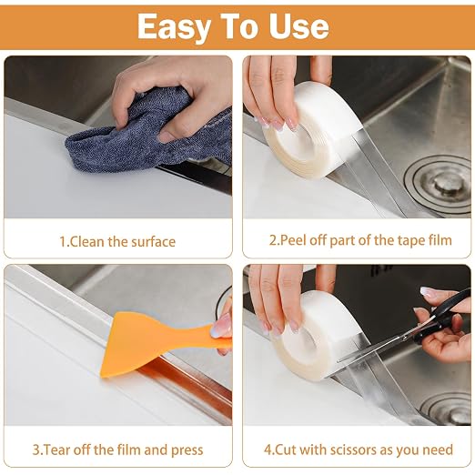 Fixmend Clear Caulk Tape, 3 Roll Self Adhesive Caulk Strip Waterproof, Caulking Sealant Tape for Kitchen, Countertop, Bathroom, Sink, Shower, Bathtub, Toilet Edge Protector with Sealing Tool