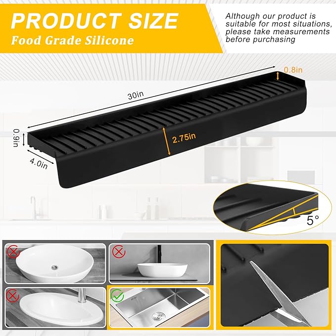Silicone Sink Edge Protectors - Multifunction Accessories, Splash Guard & Draining Mat for Kitchen, Bathroom Sink, Steel, Granite, Quartz Countertops (Black, 4 * 30in)