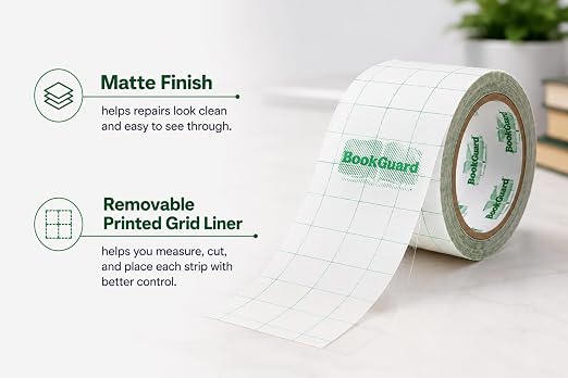 BookGuard 2 Inch Clear Vinyl Book Repair Tape with Grid Liner, 10 yd Roll, Matte Non-Glare Book Binding Tape for Spines, Covers, Pages, Library Book Repair, Schools, Hymnals