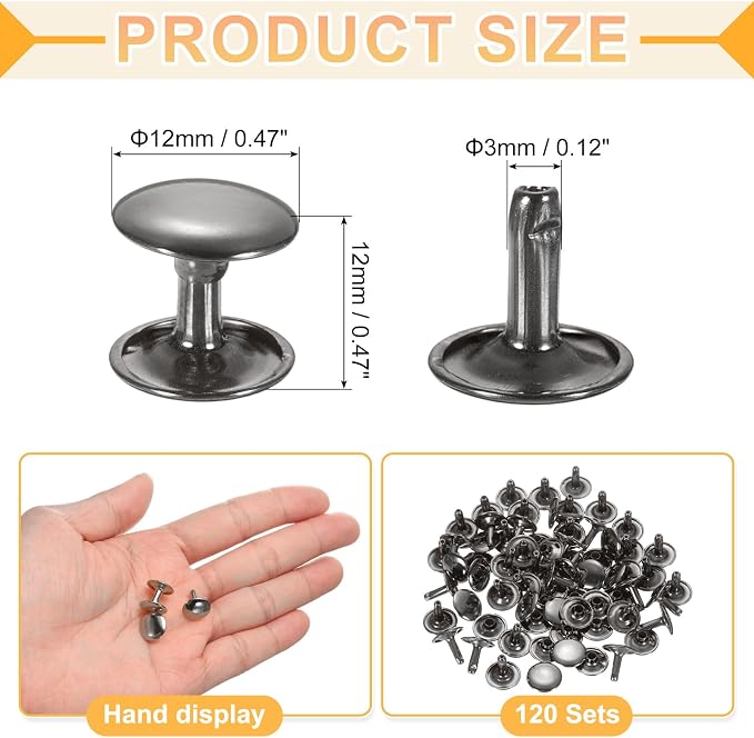 uxcell 120Set Leather Rivets, 12mm Double Cap Rivet Tubular Metal Studs Repairs Decoration Craft Accessories for Repair Decorate Leather Craft Belt Bag Shoes Purse Belts, Metallic Black