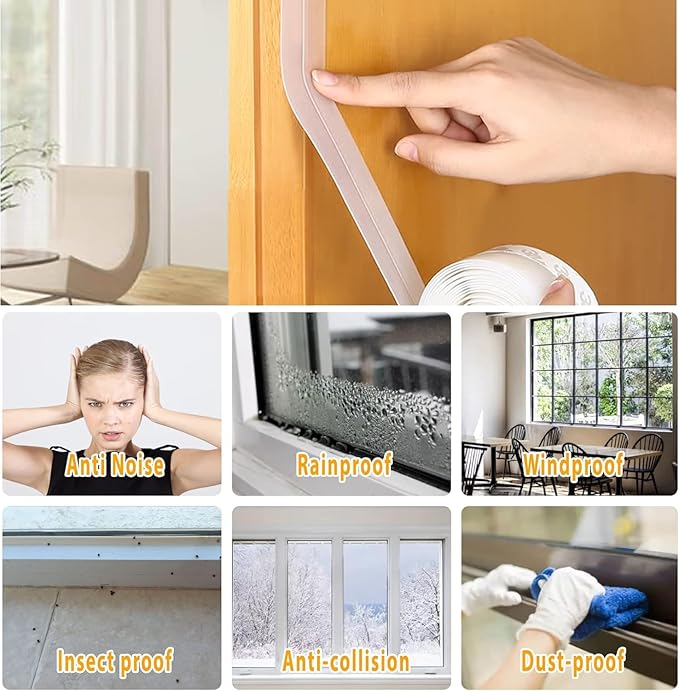 36 Ft Weather Stripping Door Seal Strip Tape,Silicone Door Draft Stopper,Self Adhesive Shower Door Bottom Seal and Door Insulation Strip for Door Frame Windows and Glass Gaps (Transparent, 25mm)