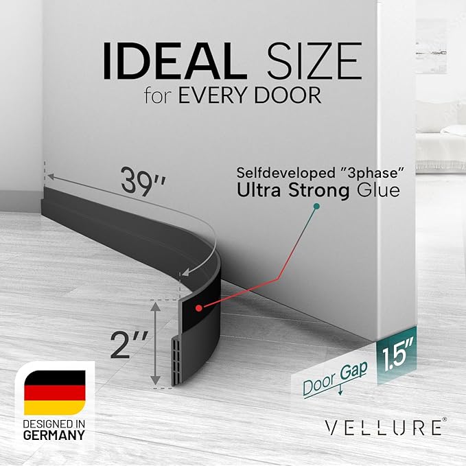 Vellure® Door Draft Stopper for Bottom of Door - Premium Door Sweep for Bottom of Door/Weather Stripping Door Seal (Save Energy – installs Quickly and Easily) Door Strip (1, Black)