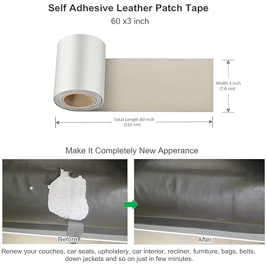 ILOFRI Self Adhesive Leather Repair Patch Tape 3x60 inch, Vinyl and Leather Repair Kit for Couches, Furniture, Car Seat, Boat Seat, Sofa, Vinyl Upholstery, Chair, Interior - Ivory
